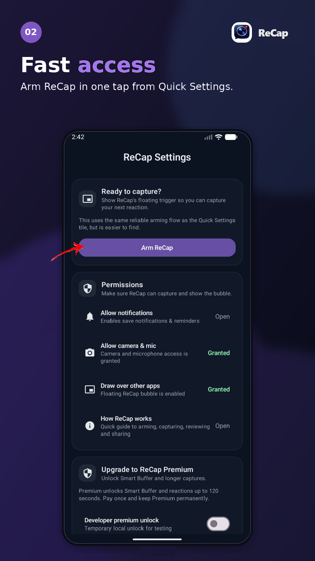 ReCap settings screen showing the Arm ReCap button